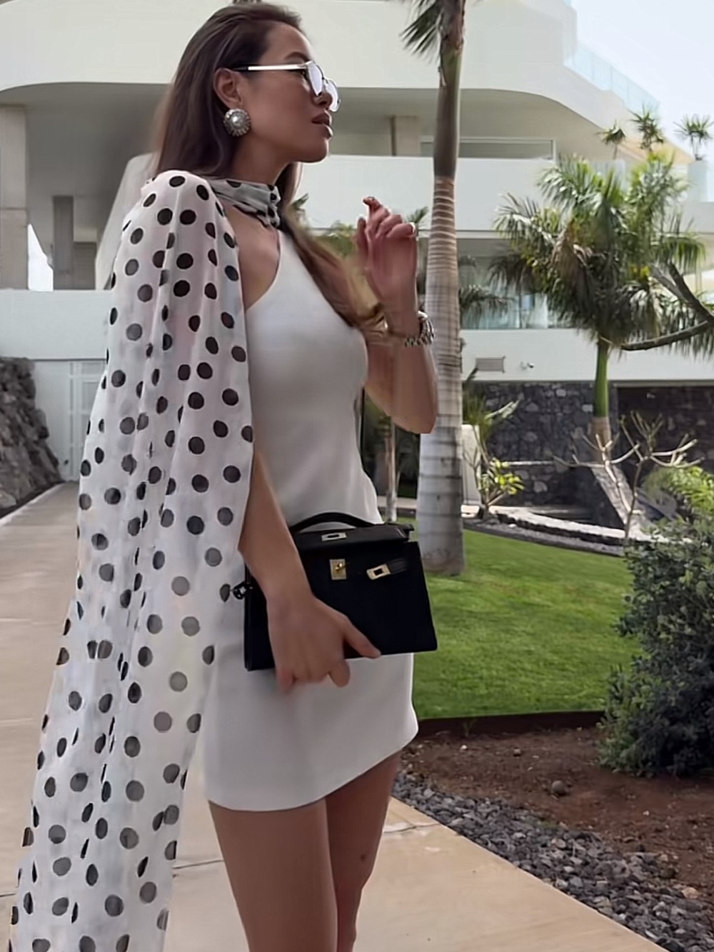 Zara White One-Shoulder Bodycon Dress with Polka Dot Scarf